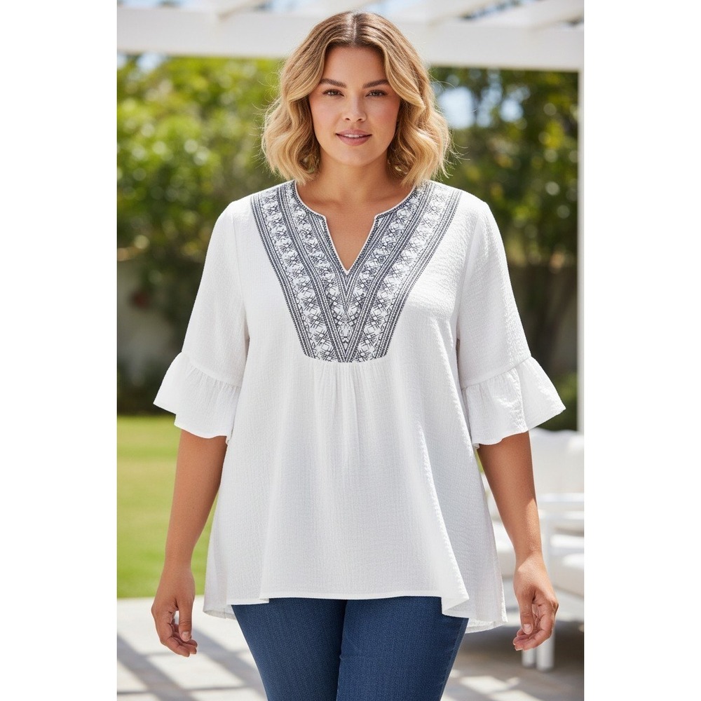 Fair Haven White Embroidered Boho Ruffle Sleeve Gauze Top Blouse 1XL